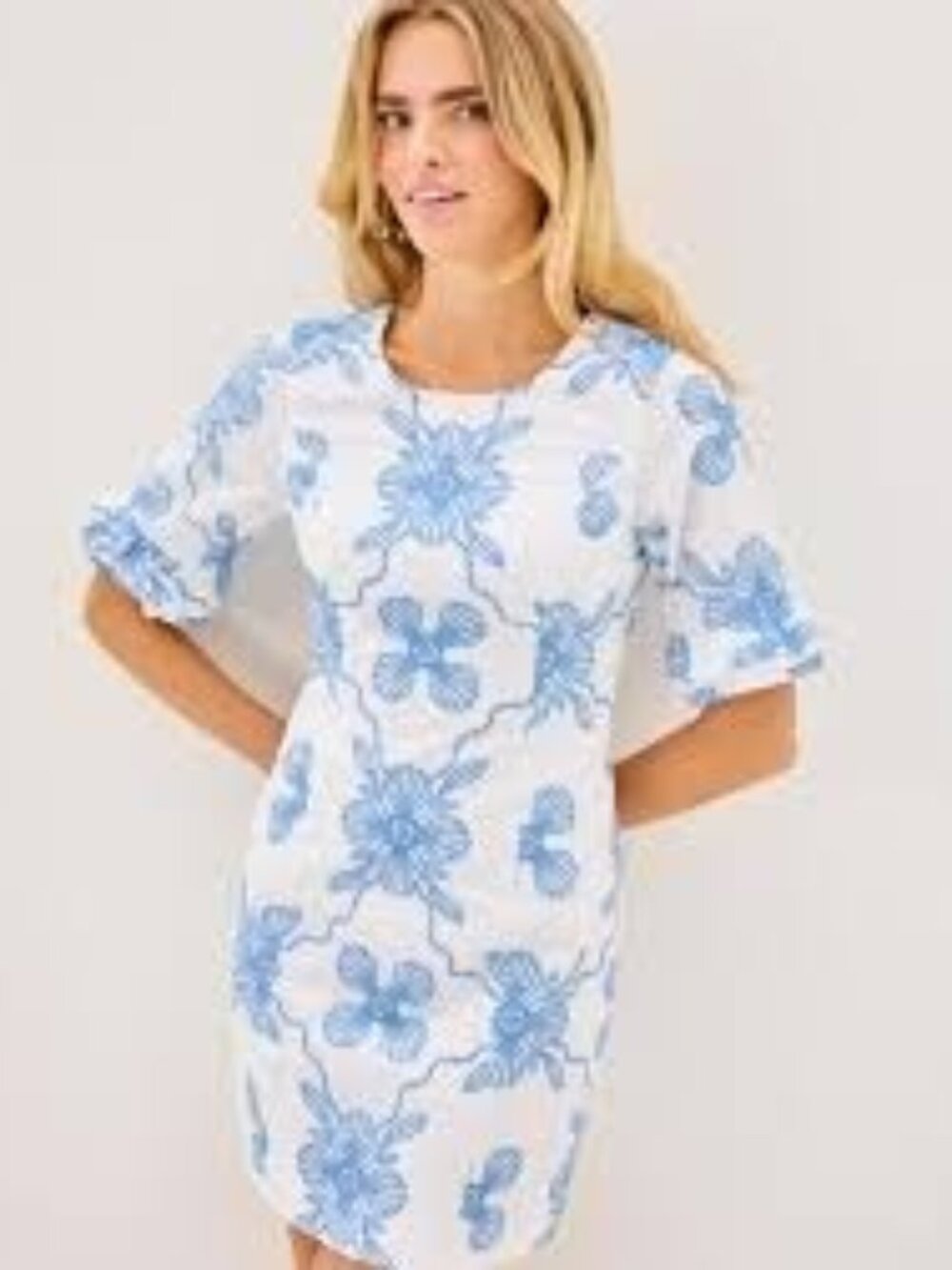Lilly Pulitzer Shift Dress | Blue & White Embroidered Print | Ruffle Sleeve 💙